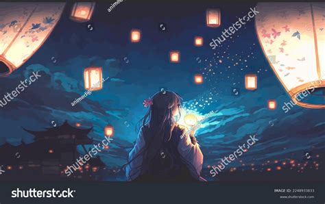 Alone Anime Girl Watching Lanterns Digital Stock Illustration ...