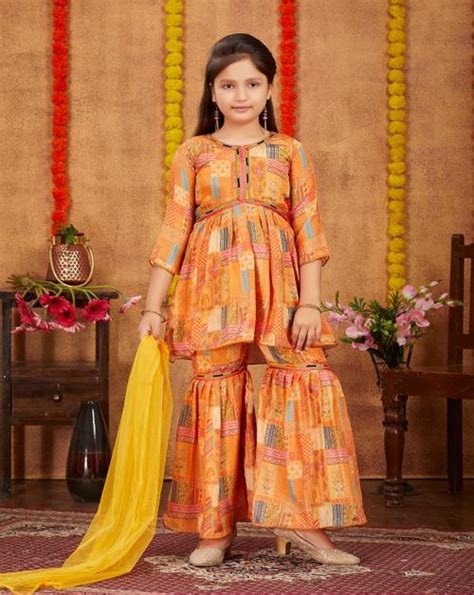 Buy Muhuratam Girls Ethnic Wear Yellow Colour Abstrack Print With Lace Work Silk Kurti Sharara