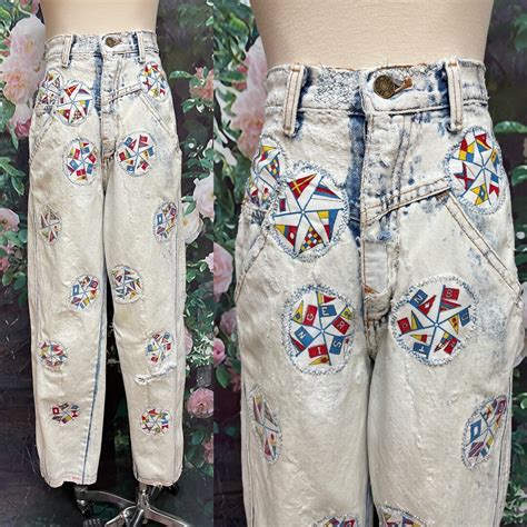 80s Zena Patch Acid Wash Jeans Distressed Nautical Flags Etsy