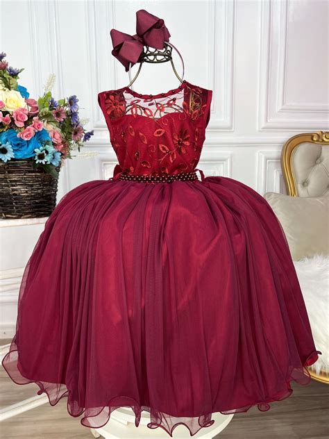 Vestido Infantil Marsala C Renda e Cinto de Pérolas Damas Rosa