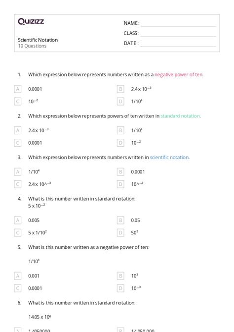 Scientific Notation Worksheets For Th Year On Quizizz Free