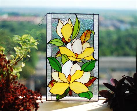 Yellow Magnolia Stained Glass Panel Stained Glass Window Etsy