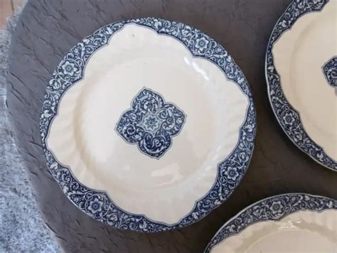 Six Assiettes Plates Faience Gien Anciennes Decor Arabesques Lot