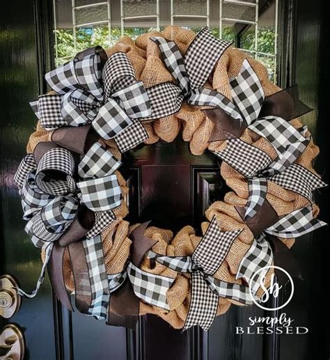 Farmhouse Black And White Buffalo Plaid Burlap Wreath Burlap Wreath