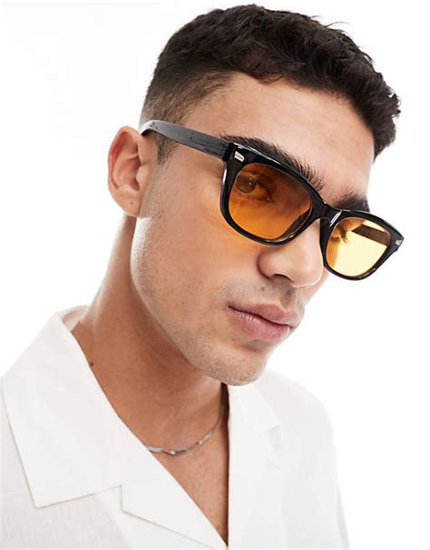 Asos Design Square Sunglasses In Black With Amber Lens Asos