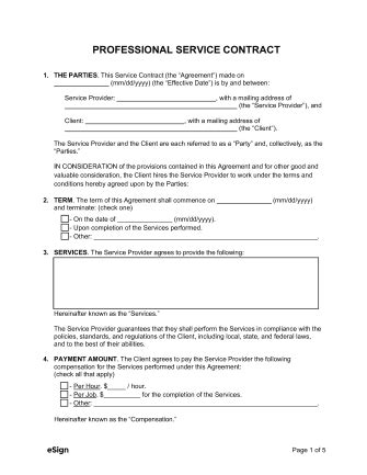 Free Professional Service Contract Template Pdf Word