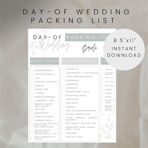 Wedding Packing List Printable Template Day Of Checklist Etsy