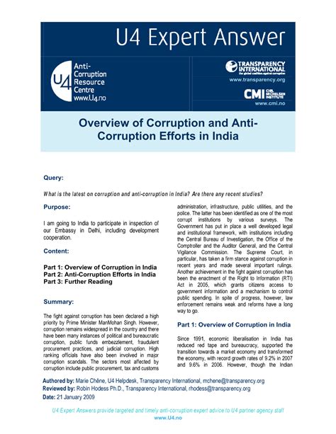 Overview Of Corruption And Anti Corruption Efforts In India