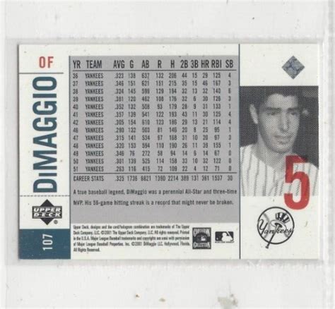 Upper Deck Legends Of New York Joe Dimaggio Ny Yankees Card No