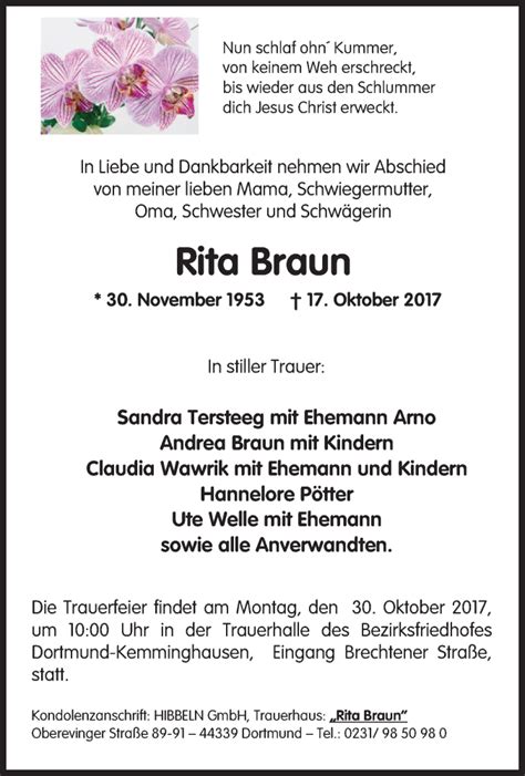 Traueranzeigen Von Rita Braun Trauer In Nrw De