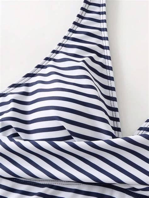 Swim Lushoire Springbreak Pcs Mature Aged Swimwear Set Striped Solid Print Bikini Top Low