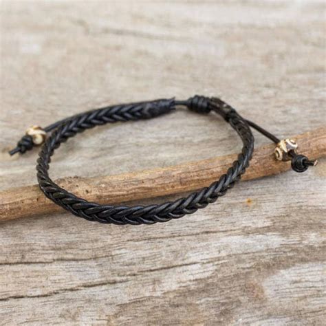 Handmade Men S Leather Single Black Braid Bracelet Thailand Free