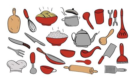 Premium Vector Hand Drawn Set Of Kitchen Icon In Doodle Style