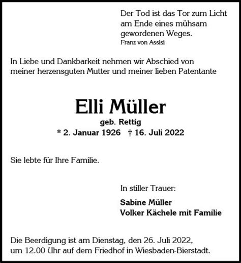 Traueranzeigen Von Elli M Ller Vrm Trauer De