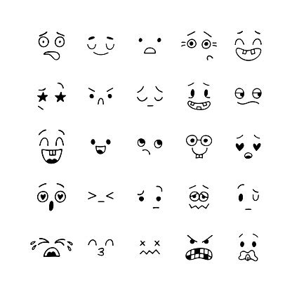 Hand Drawn Funny Smiley Faces Emoji Icons Sketched Facial Expressions Set Collection Of Cartoon ...