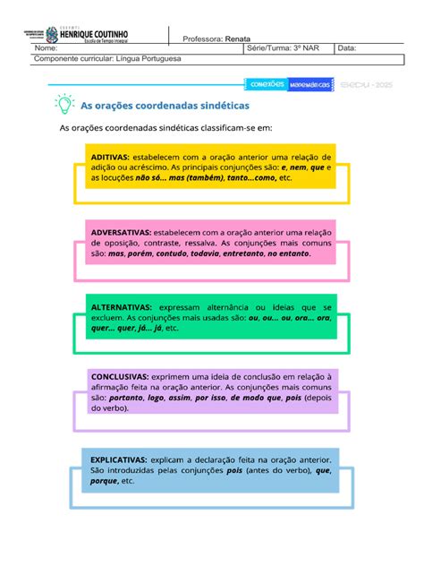 Texto Com Orações Coordenadas Sindéticas E Assindéticas Com Gabarito - Orações Coordenadas Sindéticas e Assindéticas | PDF
