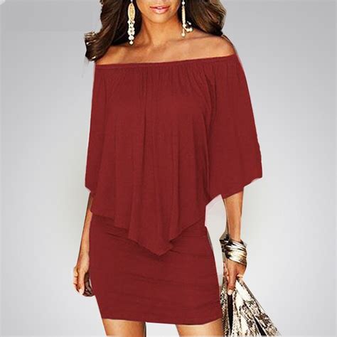 Women New Sexy Slash Neck Off Shoulder Solid Dress Casual Female