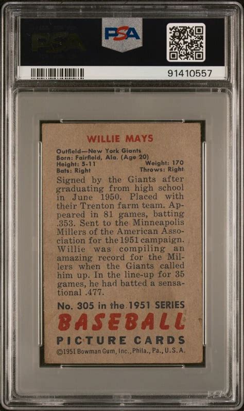 1951 Bowman Willie Mays Rookie Card 305 PSA 3 VG HOF EBay