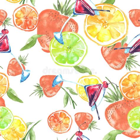 Seamless Pattern With Watercolors From Tropical Fruit Citrus Spray