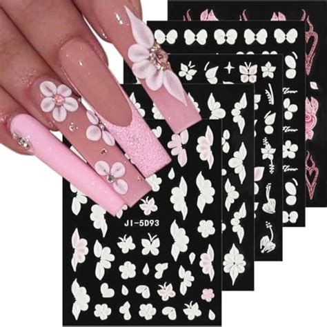 Fcozpjk 5d Embossed White Flowers Nail Stickers 5 Sheets