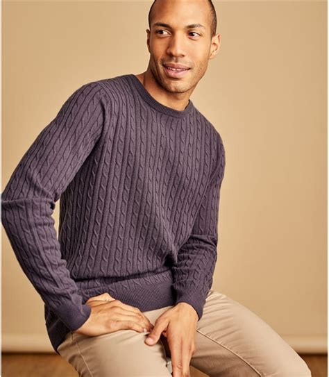 Violet Mocha Mens Cashmere Merino Cable Crew Neck Sweater