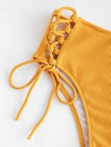 Ribbed Lace Up Bikini Set In BRIGHT YELLOW ZAFUL 2024