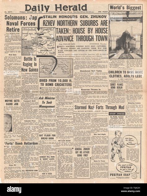 1942 Front Page Daily Herald Battle For Rzhev And Battle For Solomon