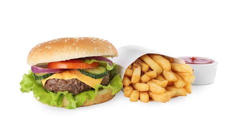 Delicious Burger Soda Drink And French Fries On White Background Stock