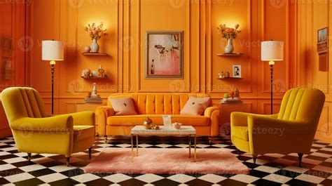 A Brightly Colored Living Room With Orange Walls And A Checkered Floor