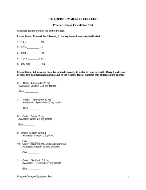 Practice Dosage Calculation Test With Answer Key St Louis Community