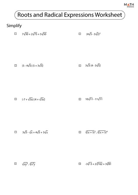 Radicals Worksheets Math Monks