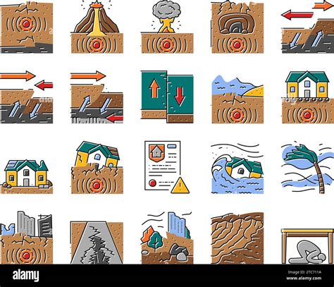 Earthquake Disaster Wave Crack Icons Set Vector Stock Vector Image