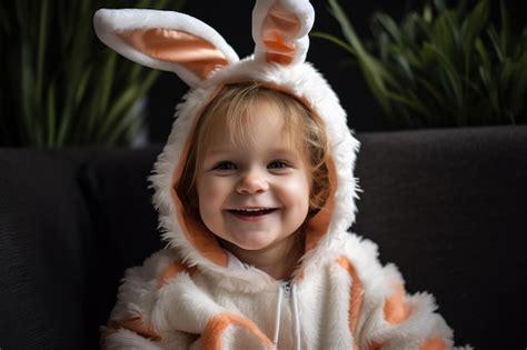 Premium AI Image | A child wearing a bunny costume sits on a couch.