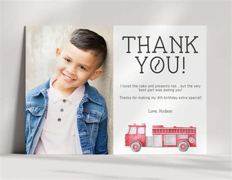 Firetruck Thank You Card With Photo Fireman Birthday Party Thank You