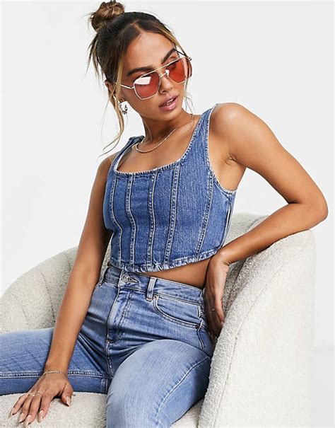 Stradivarius Denim Seamed Corset Top Asos