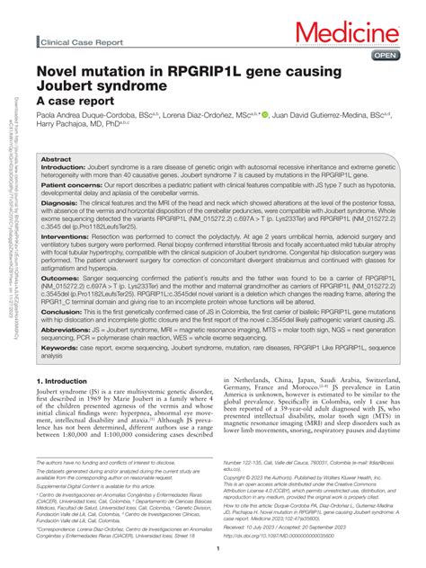 PDF Novel Mutation In RPGRIP1L Gene Causing Joubert Syndrome A Case