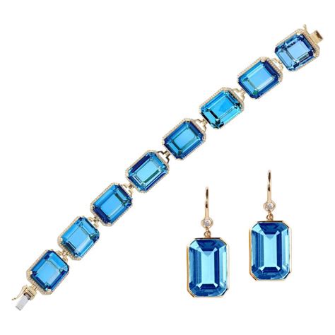 London Blue Topaz Emerald Cut Bracelet And Earrings With Diamonds At 1stdibs