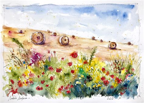 Aquarelle Peinture Originale Champs De Coquelicots Paysage De Etsy