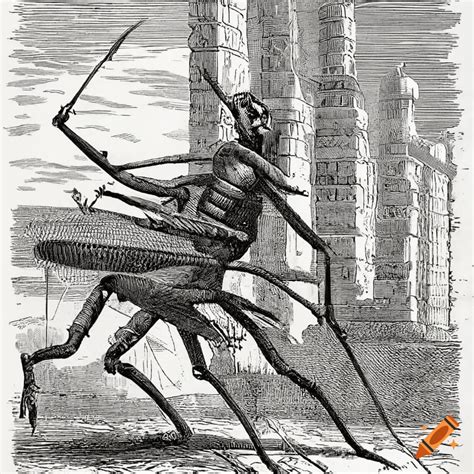 Engraving Of Bipedal Insect Creatures In Egyptian Ruins