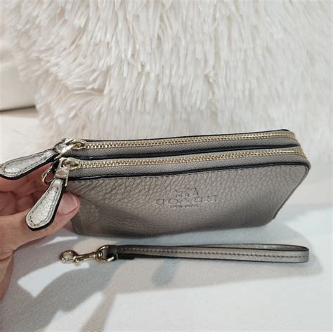 Coach Bags Coach Pebble Leather Double Zip Wristlet Metallic Pewter