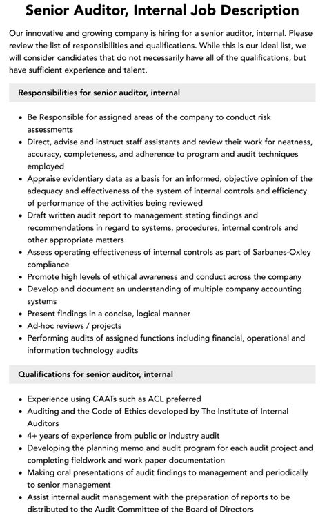 Senior Auditor Internal Job Description Velvet Jobs