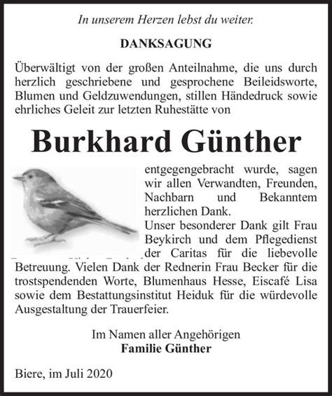 Traueranzeigen von Burkhard Günther abschied nehmen de