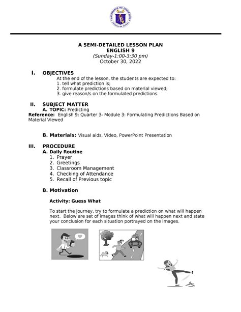 Predictions Lesson Plan A Semi Detailed Lesson Plan English 9 Sunday 100 330 Pm October 30