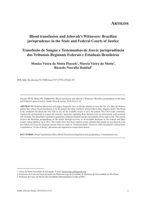 (PDF) Blood transfusion and Jehovah’s Witnesses