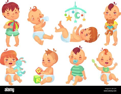 Smiling Cartoon Happy Cute Little Kids Playing With Toys, Small Infant With Pacifier And Newborn ...