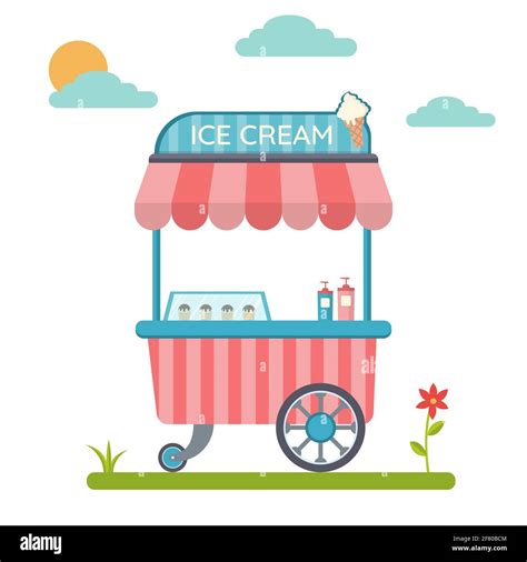 Trolley With Ice Cream Cart And Sweet Ice Cream Kiosk And