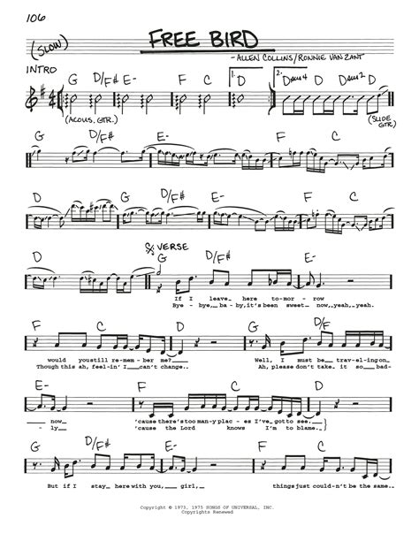 Free Bird By Lynyrd Skynyrd Sheet Music For Real Book Melody Lyrics