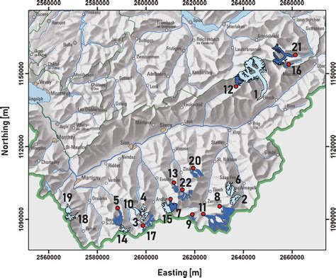 Map showing the 22 glaciers examined in this study. Glaciers in dark ...