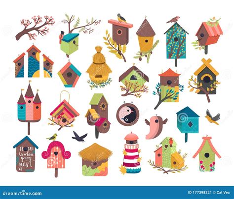 Decorative Bird House Vector Illustration Set Cartoon Cute Birdhouse