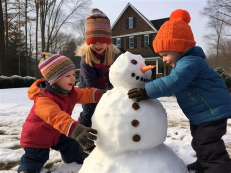 Premium AI Image | Kids building a snowman in winter day